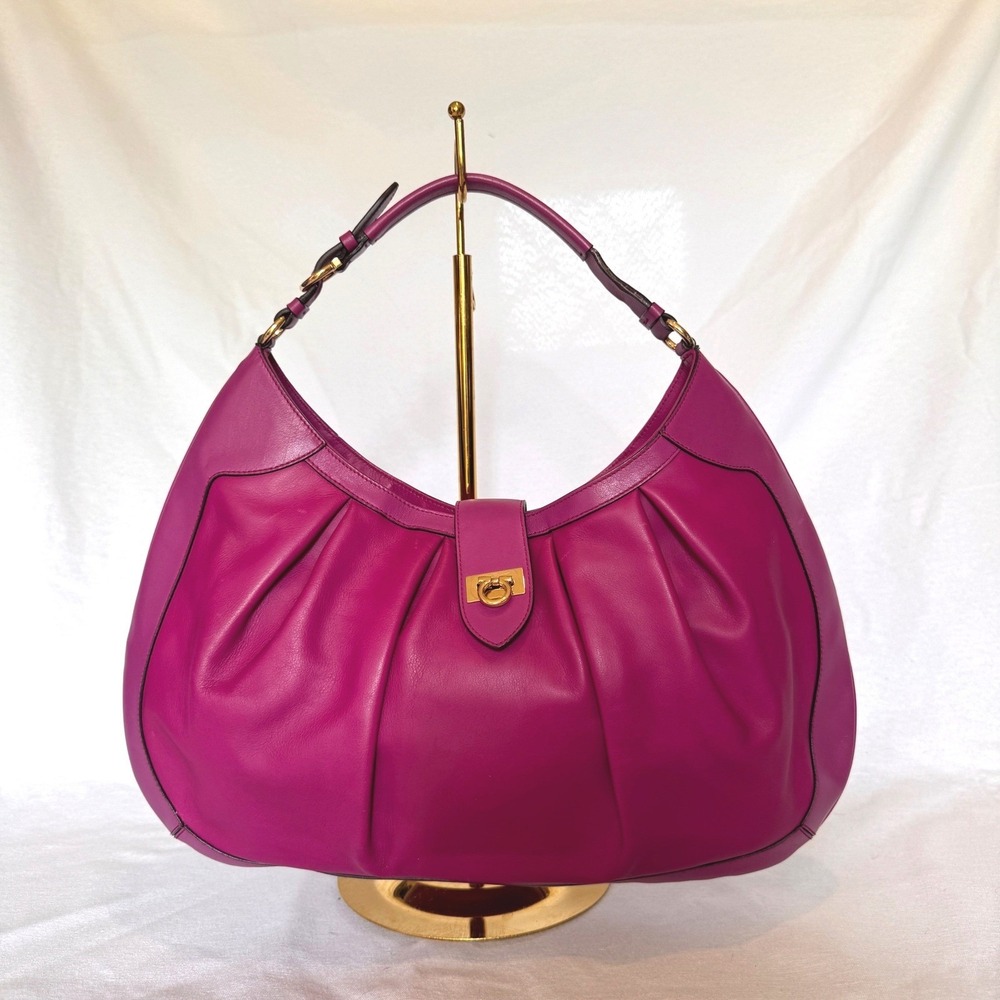 Salvatore Ferragamo Gancini Fuchsia Leather Hobo Shoulder Bag Gold Hardware